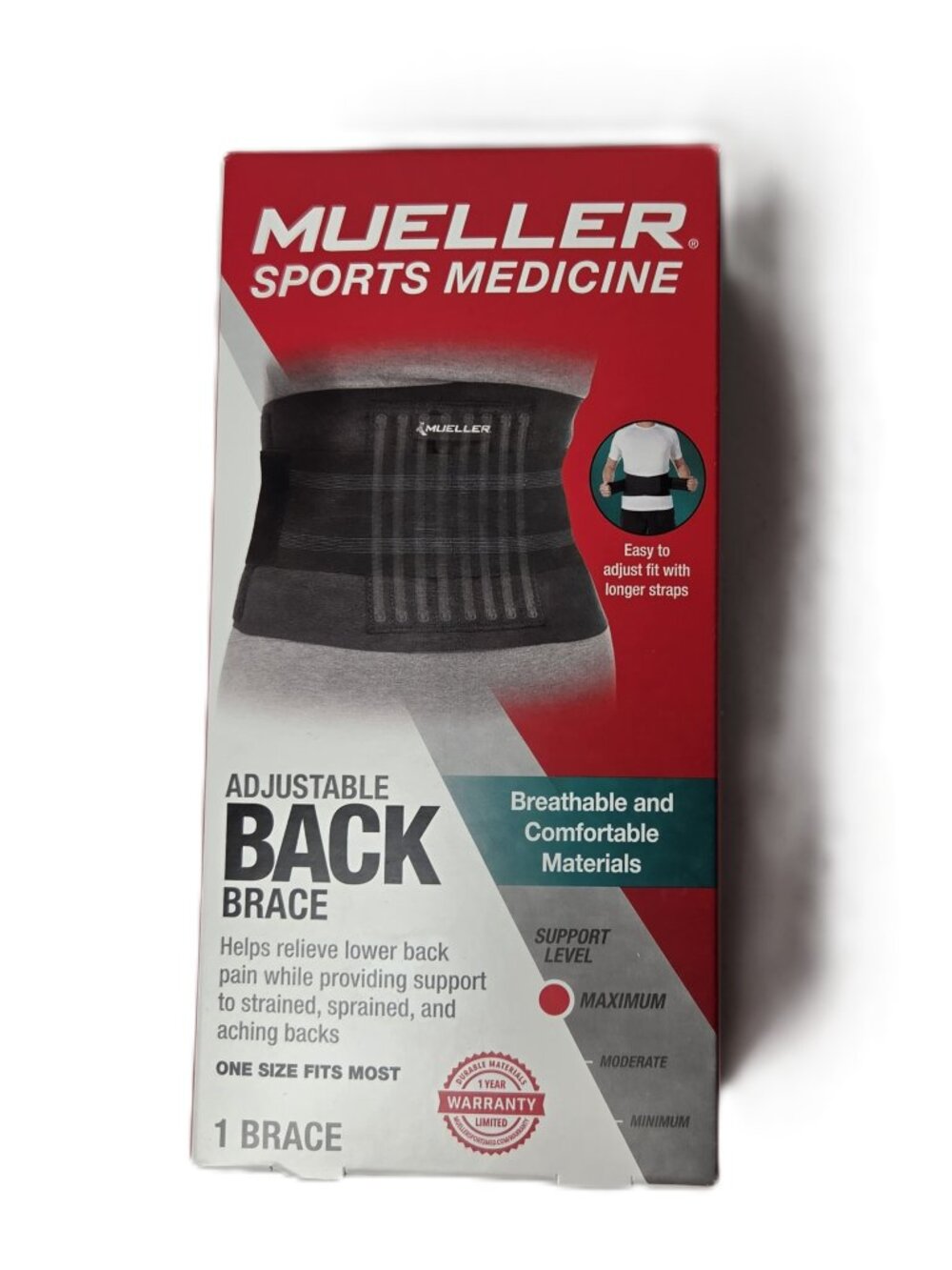 Mueller Adjustable Back Brace 6711 Lumbar Support Black One Size New Open Box